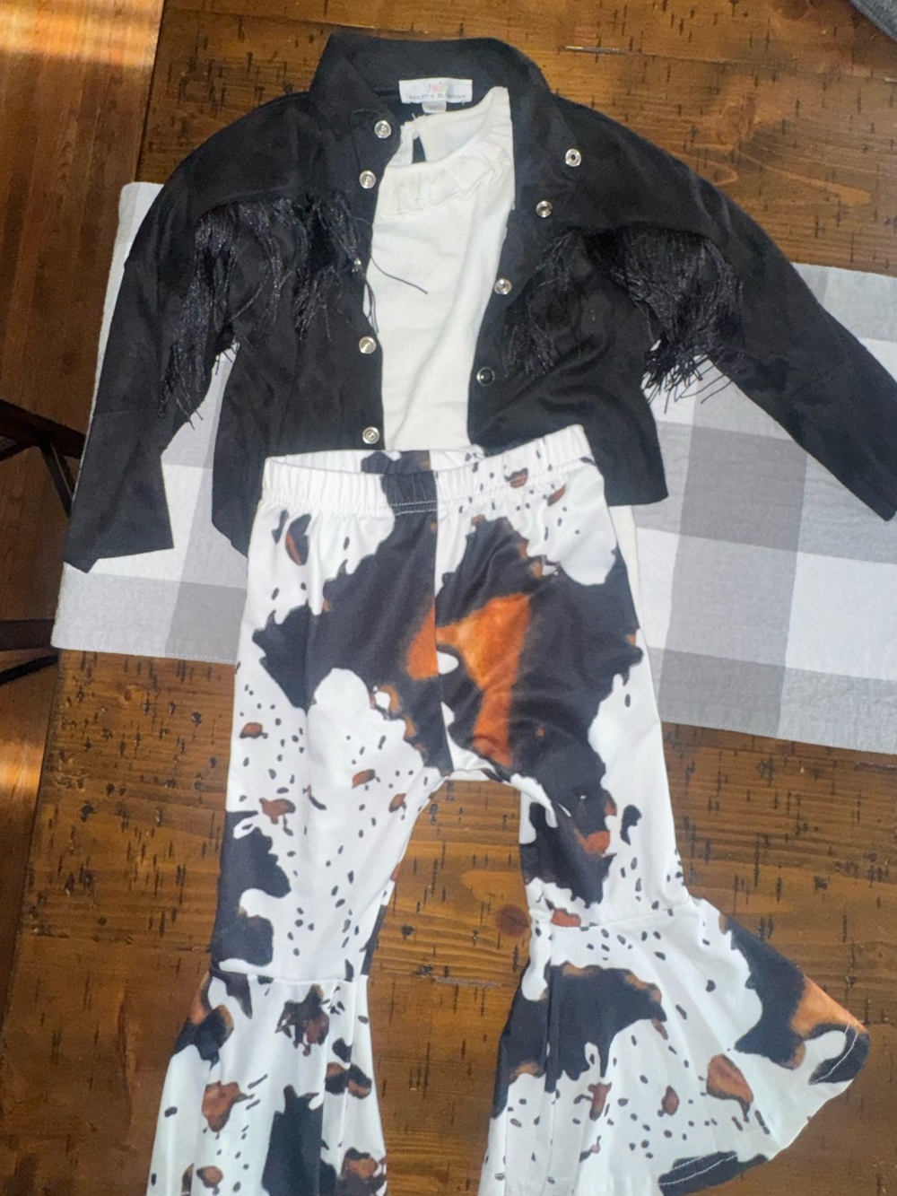 3 piece Cow Print Flared Pants with Black Fringe Jacket Set